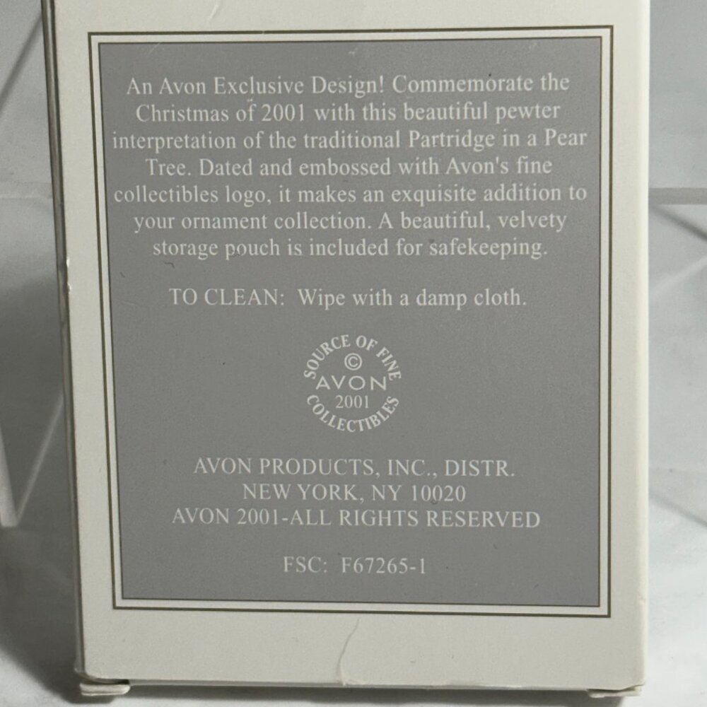 Avon 2001 Pewter Partridge In A Pear Tree Christmas Ornament With Box - Picture 5 of 5